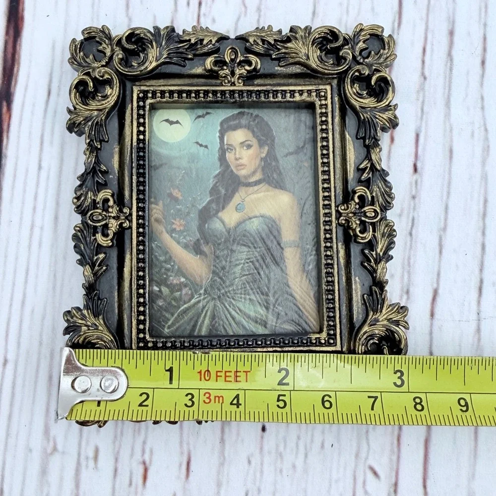 Goth Victorian Woman Original Art Ornate Gold Black Baroque Frame 3.25x2.75 Mini